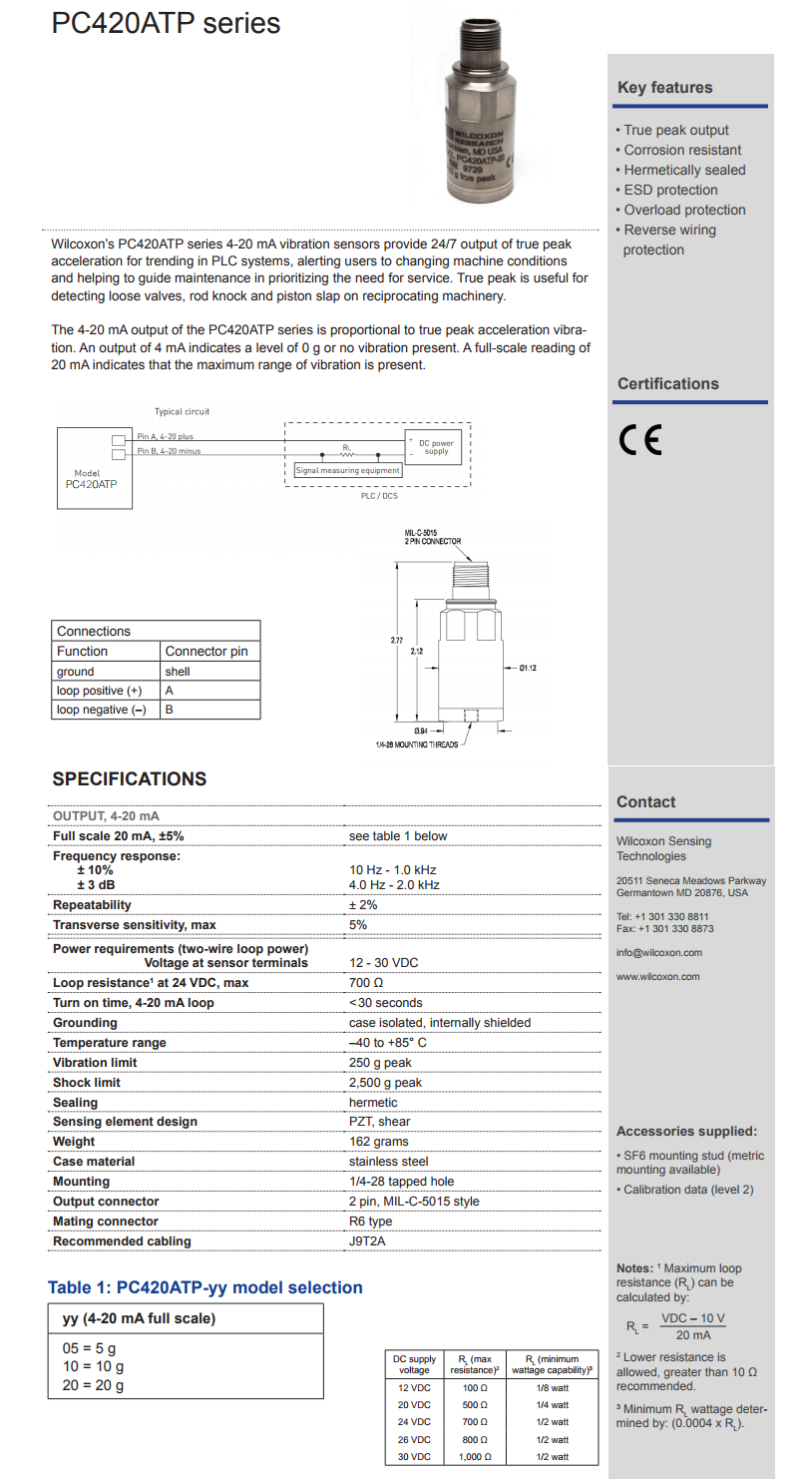 威爾康森4-20mA回路供電振動傳感器PC420ATP-20型技術參數(shù)