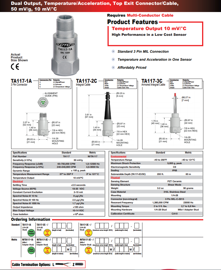 CTC雙輸出溫度/加速度振動傳感器TA117技術參數(shù)